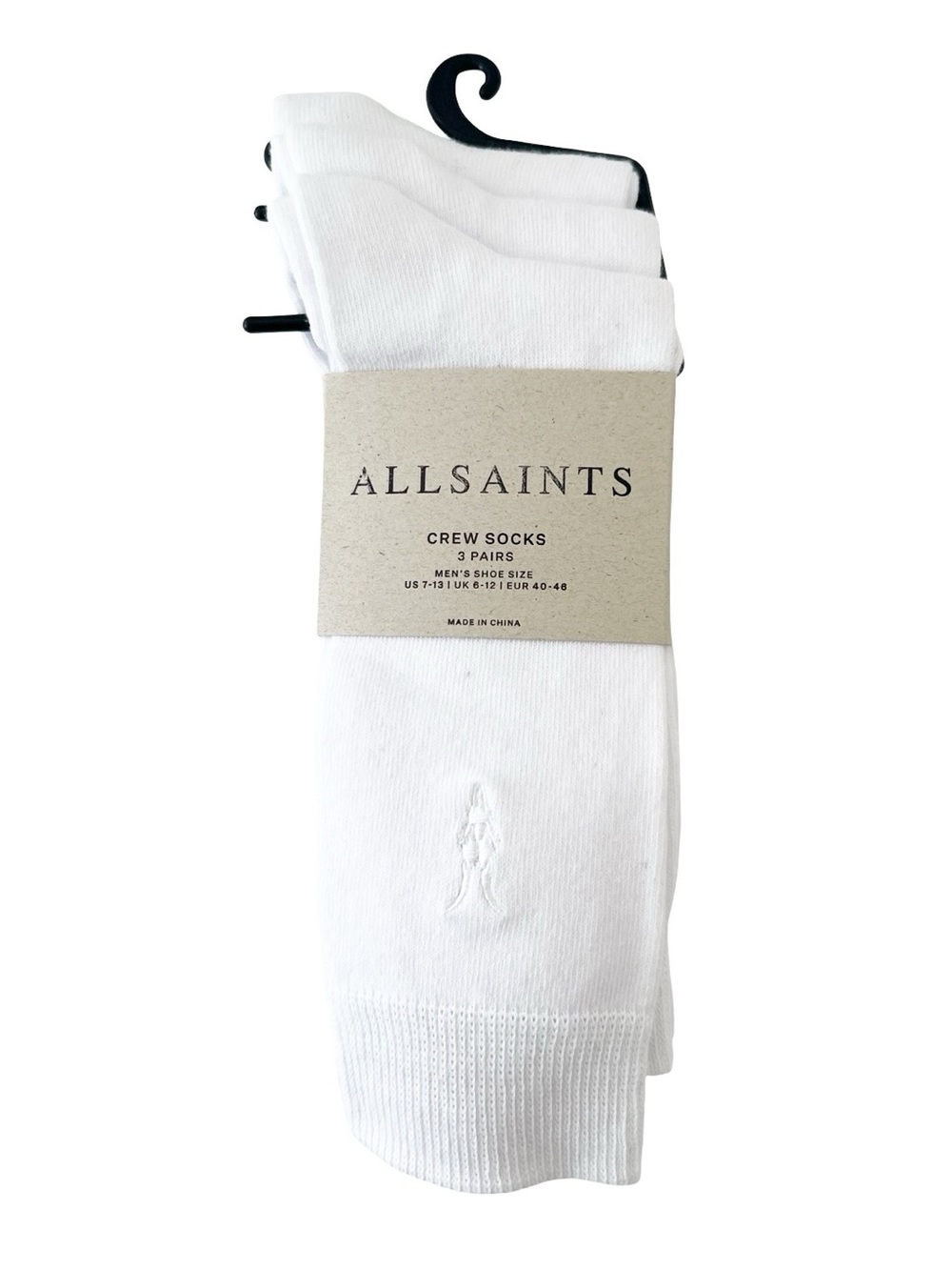 Allsaints 3 Pairs Crew Socks White Shoe Size 7-13 NIB